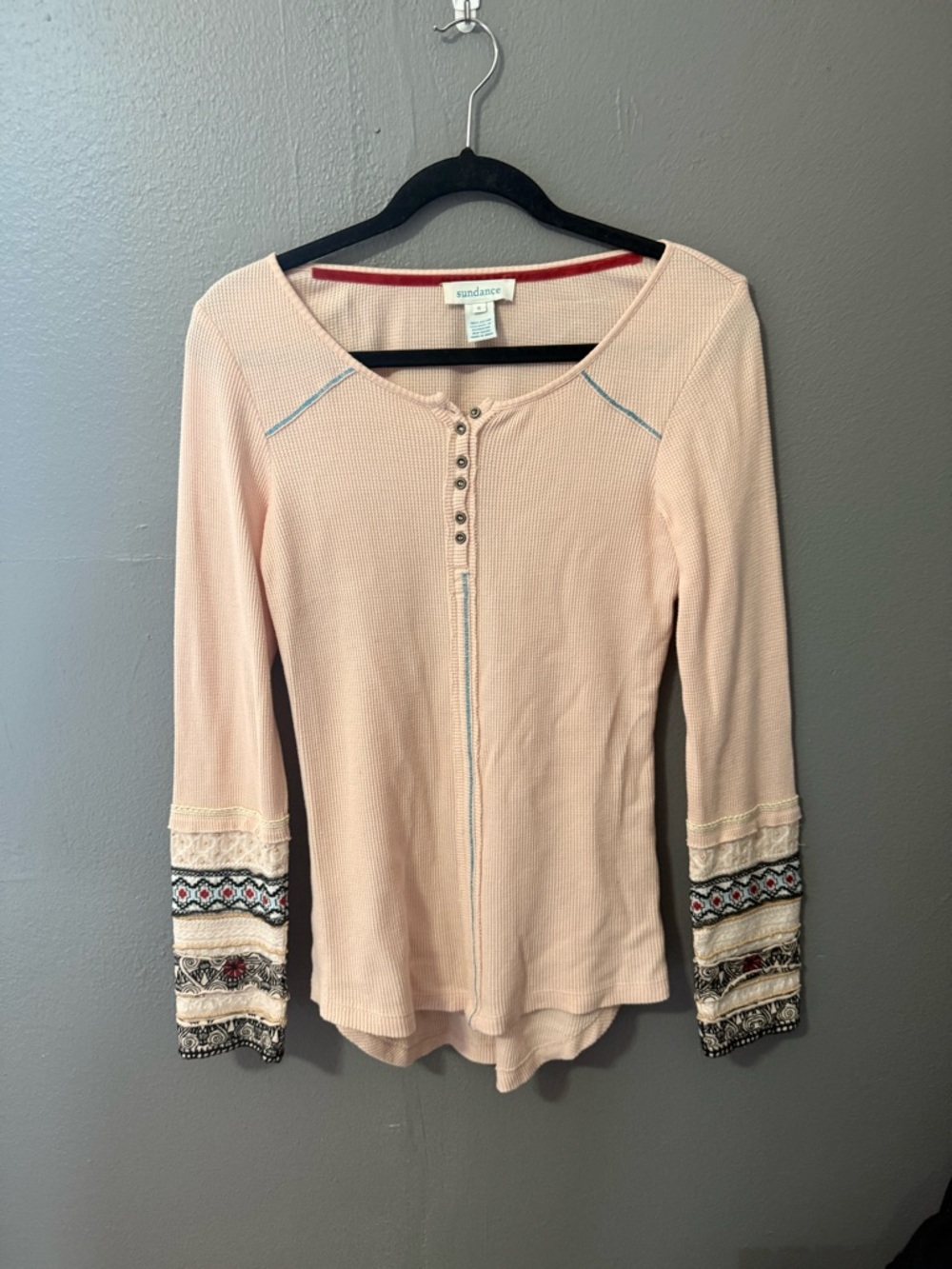 Sundance Pink Waffle Knit Henley 100% Cotton Small